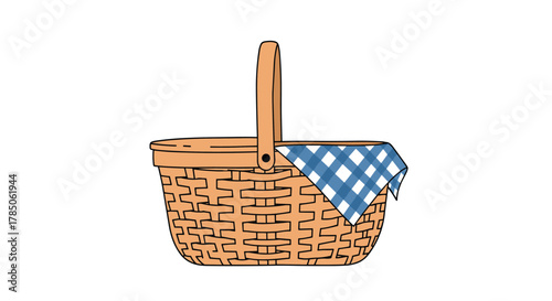 A charming woven picnic basket with a blue checkered cloth peeking out from the top providing a cozy storage space for outdoor meals and snacks.
