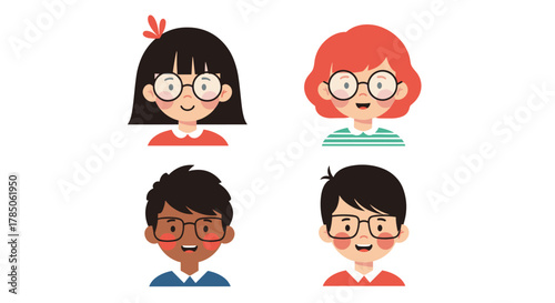 Diverse group of cartoon children wearing glasses and smiling.