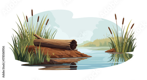 A natural habitat showing a beaver lodge made of logs and mud by a serene pond with tall reeds and a distant forest.