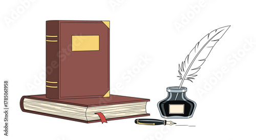 An ancient book rests upon a stack of its peers with a quill and inkwell nearby.