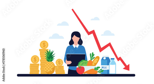 The declining cost of groceries due to economic factors affecting household budgets and food prices.
