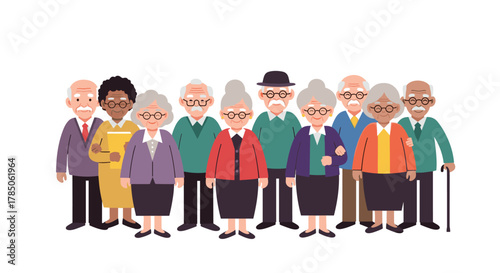 A diverse group of elderly people standing together smiling in this pixelated illustration.