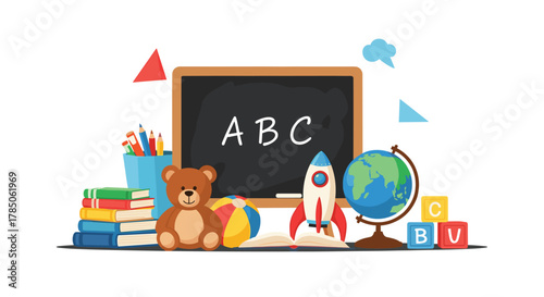 A charming collection of educational toys and school supplies for young learners.