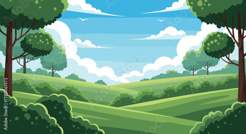 A vibrant pixel art landscape featuring rolling green hills under a bright blue sky with fluffy white clouds.