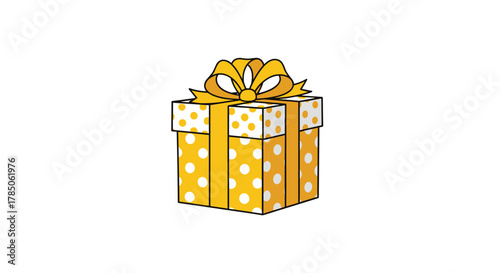 An illustration of a yellow gift box with white polka dots tied with a golden ribbon.