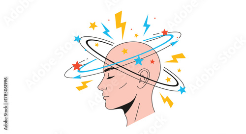 Visual representation of a person experiencing dizziness and vertigo with spinning stars and lightning bolts.