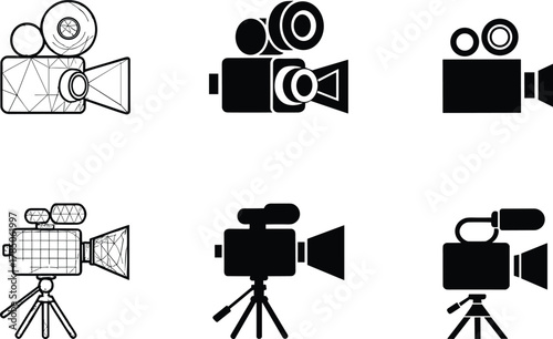 Vintage and modern video cameras, black and white vector illustration, filmmaking equipment, cinematography tools, movie recording devices, media production icons