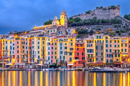 Porto Venere, La Spezia, Italy Historic Town Skyline with Christmas lights 952