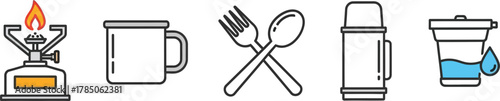 Camping cookware and utensils line icon set. Vector pictograms of portable stove, mug, fork and spoon, thermos, water filter, thin linear illustration.
