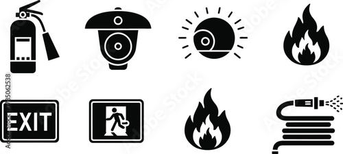 Fire safety and prevention glyph icon set. Vector pictograms of fire extinguisher, smoke alarm, emergency exit sign, water hose, black sign silhouette illustration.