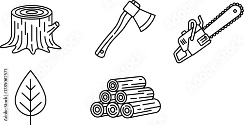 Forestry and logging line icon set. Vector pictograms of tree stump, lumberjack axe, chainsaw, log pile, leaf, thin linear illustration.