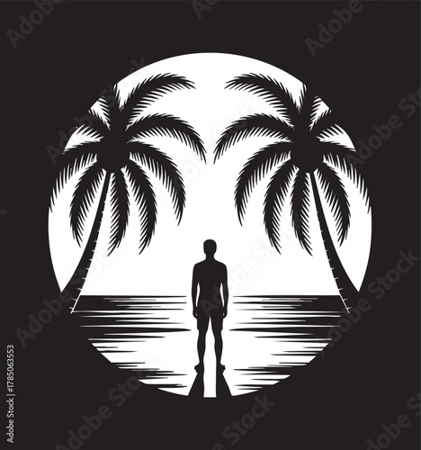 A solitary figure stands on a beach, silhouetted against a circular sunset with two palm trees framing the scene.