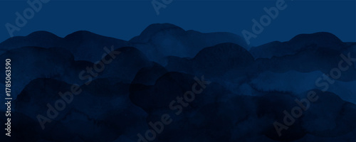 Horizontal background with blue waves, clouds, foggy mountains. Abstract sea, ocean view. Elegant, chic backdrop, cover, card, invitation, business style design. Dark navy watercolor. 