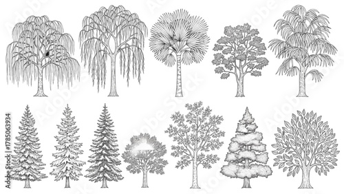Vector illustration of diverse collection of trees featuring deciduous and evergreen species in a sketch style on a white background