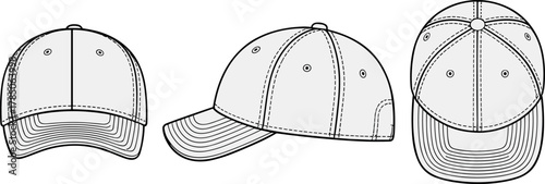 Baseball cap, fashion, vector, illustration, front, side, top, sketch, outline, brim, panel, stitching, casual, garment, stylish, accessory, design, headwear, template, technical, sporty