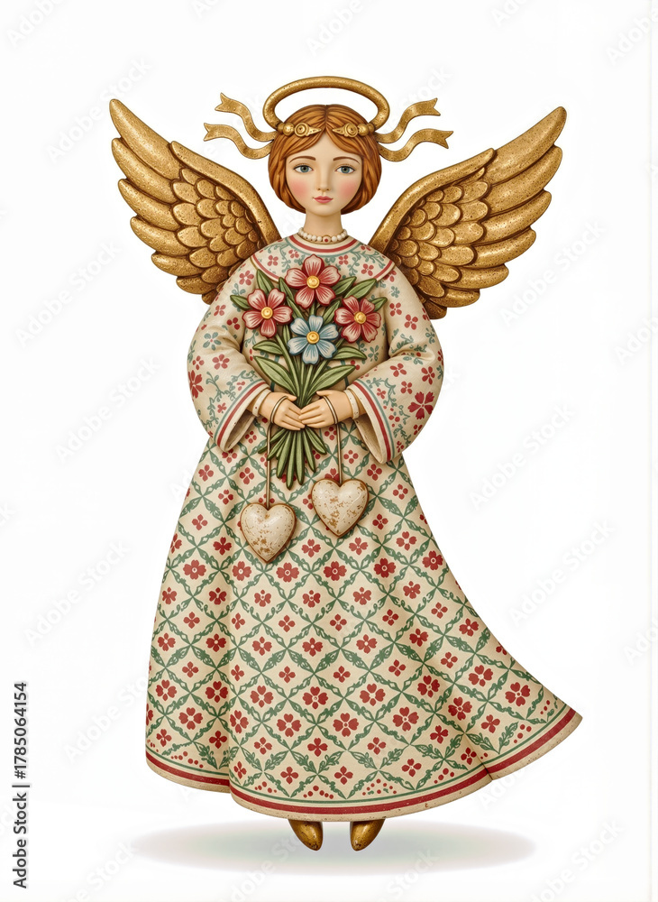 Naklejka premium Vintage Folk Art Angel with Floral Gown, Golden Wings, and Halo Holding Heart Charms