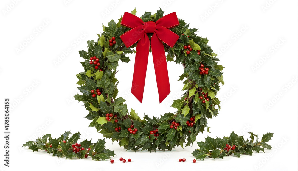 Obraz premium Traditional Christmas Wreath with Red Bow and Holly Berries for Festive Holiday Decor. Christmas traditional wreath