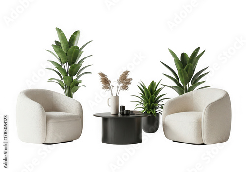 A modern living room setup two fluffy white armchairs, a black coffee table plants dried flowers, isolated on transparent background