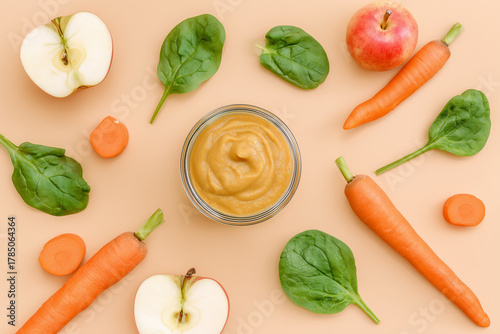 Flat lay of healthy baby food puree and fresh apple, spinach and carrot. Organic homemade baby meal concept.
