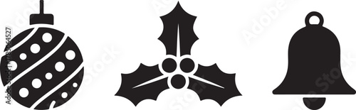 Set of Christmas Ball, Bell and Holly Vector Design