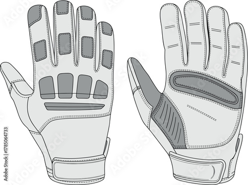 Protective glove, fashion, vector, illustration, sketch, outline, padded, grip, palm, wrist, strap, durable, sporty, gear, design, apparel, technical, ergonomic, reinforced, secure, layout