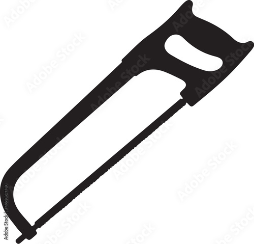 Black silhouette of a hacksaw with a metal blade and handle on a white background tool hand tool on transparent background