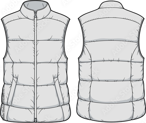 Puffer vest, fashion, vector, illustration, front, back, sketch, outline, quilted, sleeveless, zipper, padded, casual, garment, insulated, stylish, design, outerwear, technical, cozy