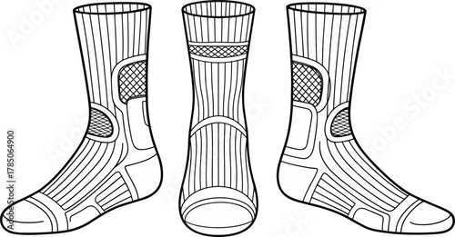 Sock, athletic, fashion, vector, illustration, front, side, sketch, outline, texture, breathable, padded, casual, garment, stylish, performance, design, apparel, technical, support, detail