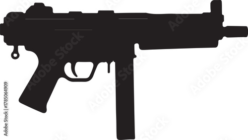Black Silhouette of a Submachine Gun with Extended Magazine on a White Background firearm weapon on transparent background