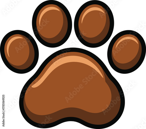 Brown cartoon paw print with black outline and glossy effect animal