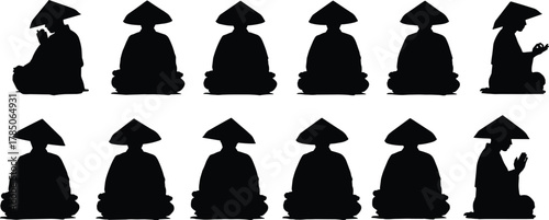 Row of monks or practitioners silhouettes wearing conical hats and sitting in meditative poses, illustrating Zen, Buddhism, peace, and spiritual concepts, flat vector illustration