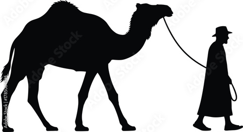 Silhouette of a Dromedary camel being led by a man in traditional long robes and hat, depicting desert travel, caravan, and nomadic life, flat vector illustration