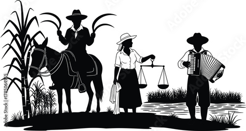 Brazilian Northeast folklore scene showing sugar cane farming, market woman with scales, and a musician playing accordion, regional culture, flat vector illustration, isolated