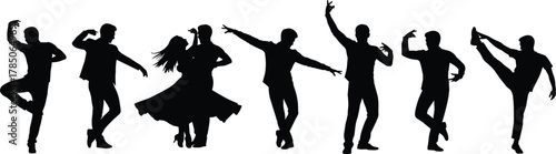 Collection of professional dancers silhouettes in various dynamic poses, illustrating movement, choreography, performance art, and dance studio concepts, flat vector illustration