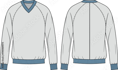 Sweater, pullover, knitwear, vector, illustration, front, back, sketch, outline, v-neck, raglan, ribbed, casual, garment, stylish, cozy, design, clothing, knit, technical, apparel