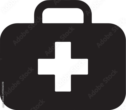 Black Silhouette of a Medical First Aid Kit with a White Cross Symbol medical bag health on transparent background
