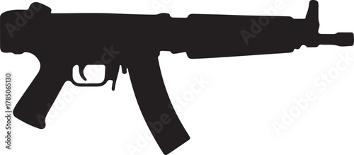 Black silhouette of a submachine gun or assault rifle on a white background Keywords: submachine gun, assault rifle, firearm, gun, weapon, military, combat, army, police, on transparent background