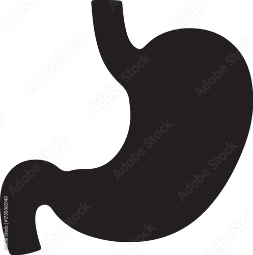 Black silhouette of a human stomach on a white background Keywords: stomach, human stomach, anatomy, organ, digestive system, gastrointestinal, medical, healthcare, science, on transparent background