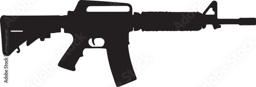 Silhouette of an AR-15 style assault rifle with a carrying handle and adjustable stock Keywords: AR-15, assault rifle, firearm, gun, weapon, military, combat, tactical, on transparent background