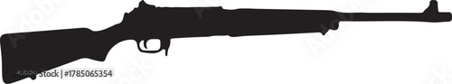 Silhouette of a hunting rifle with a wooden stock and long barrel on a white background Keywords: rifle, gun, firearm, weapon, hunting, silhouette, black and white, on transparent background