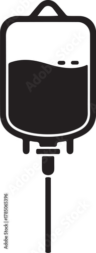 Black silhouette of an IV drip bag with tubing on a white background IV drip medical on transparent background