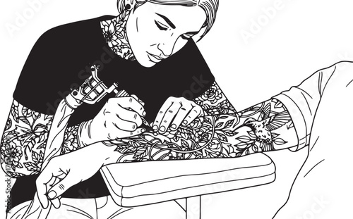 Tattoo artist inking a client s arm with intricate designs