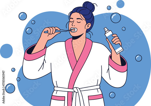 Cartoon woman brushing teeth, personal hygiene routine, healthy lifestyle, morning self care, bathroom scene, wellness habit, cad drawing flat vector illustration