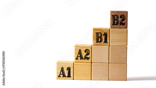 Fotografía Wooden cubes stacked on ladder with letters A1, A2, B1, B2 on white background,