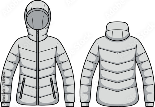 Winter jacket, hooded, padded, fashion, vector, illustration, front, back, sketch, outline, zipper, quilted, insulated, casual, garment, stylish, outerwear, chevron, design, technical