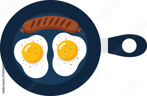 Frying pan breakfast, sunny side eggs, grilled sausage, top view, cooking concept, food illustration, kitchenware, flat design, cad drawing flat vector illustration