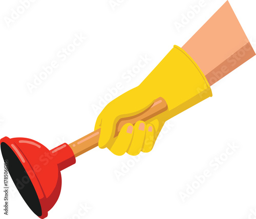 Hand holding plunger, yellow glove, red cup, black suction, cleaning tool, plumbing repair, hygiene maintenance, cartoon vector, cad drawing flat vector illustration