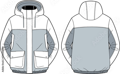 Winter jacket, hooded, zip-up, fashion, vector, illustration, front, back, sketch, outline, collar, pocket, cuff, hem, casual, garment, stylish, color-blocked, design, outerwear, insulated