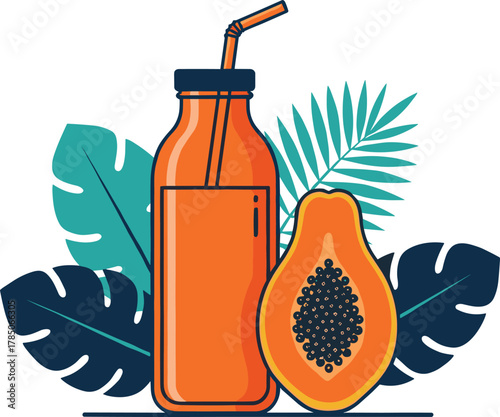 Papaya juice bottle, tropical fruit drink, exotic beverage illustration, healthy lifestyle concept, fresh papaya seeds, tropical leaves, summer refreshment, cad drawing flat vector illustration