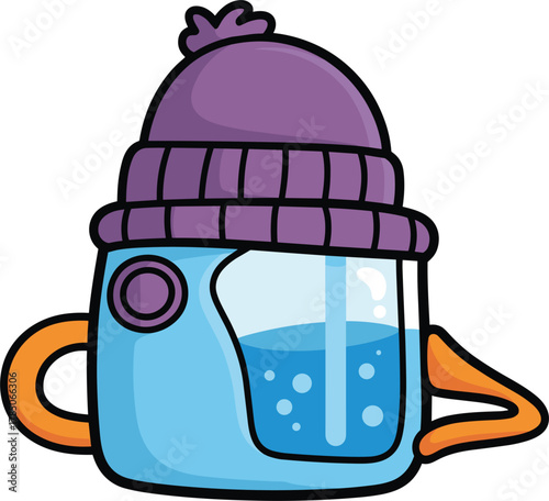 Cute Cartoon Sippy Cup with Purple Beanie and Blue Liquid on White Background Keywords: sippy
